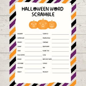 May include: A printable Halloween word scramble game with a black and white striped background. The game features a list of words to unscramble, with each word corresponding to a scrambled word on the right side of the page. The game is decorated with three orange pumpkins with jack-o-lantern faces.