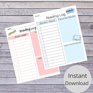 May include: Printable reading log with pink and blue sections. The left side has a section for "Books I Read" with 15 lines to list titles. The right side has sections for "Favorite Books" and "Least Favorite Books".