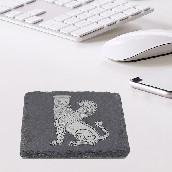 Lamassu Slate Coaster, Persian Mythical Natural Edge Stone Coasters, Great Gift for Housewarming, Birthday, and Any Occasion