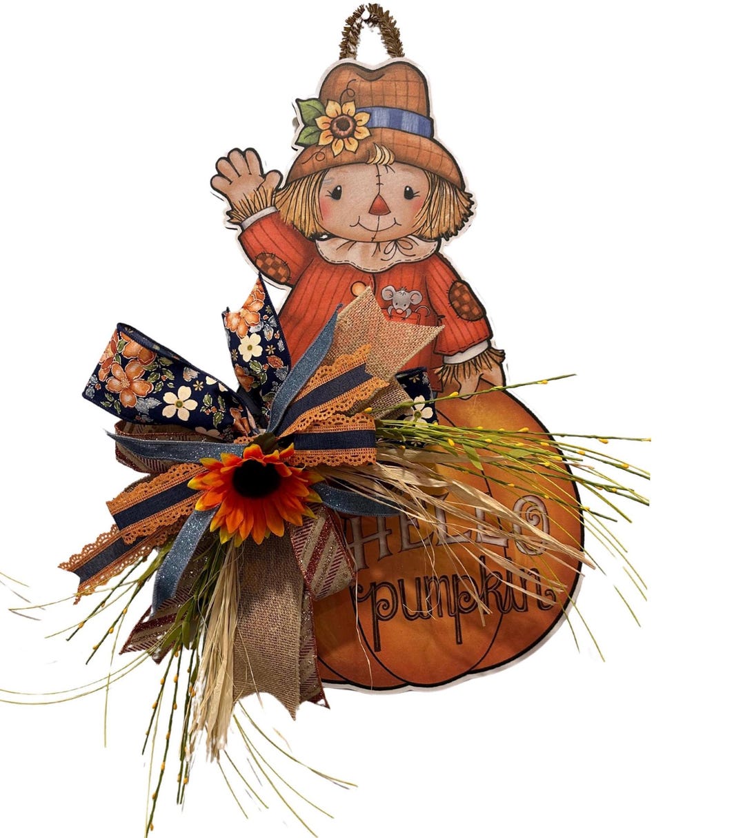 Fall Scarecrow Wood Door Hanger With Pumpkin and Bow | Rustic Autumn ...