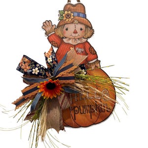 Fall Scarecrow Wood Door Hanger with Pumpkin and Bow | Rustic Autumn Decor | Handmade Farmhouse Front Door Decoration”