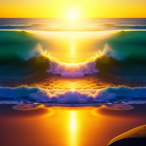 Puede incluir: Una vibrante puesta de sol sobre el océano con una ola que se alza en primer plano. Los rayos del sol iluminan el agua, creando un brillo dorado.