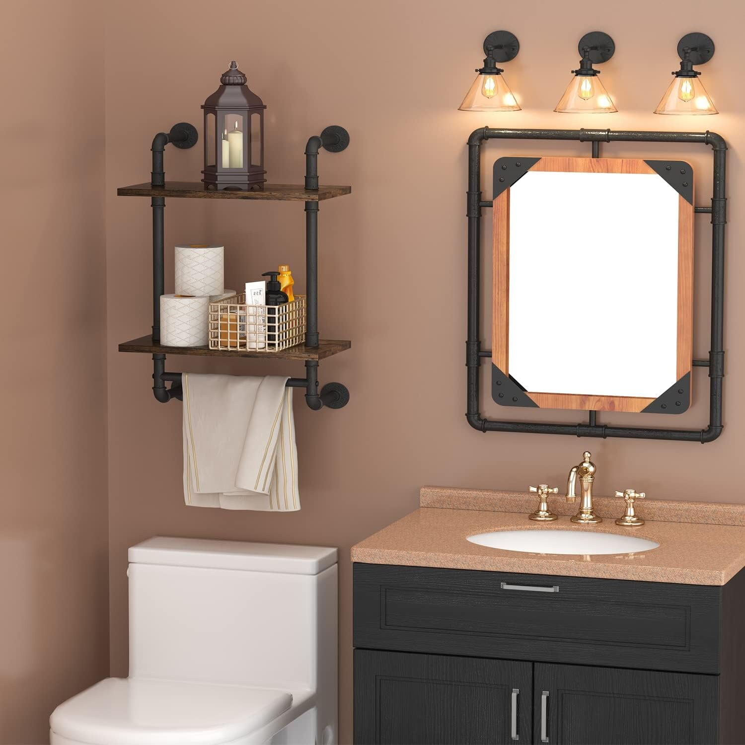 2 Tier Industrial Pipe Bathroom Shelf With Towel Bar Rustic Etsy