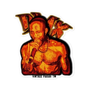 May include: A sticker featuring a portrait of a man singing into a microphone. The image is stylized with a fiery orange and yellow color scheme. The text "Vintage  Pariah TM" is at the bottom of the sticker.