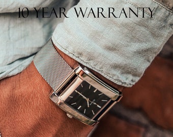 Man Square Watch in Stainless Steel with Black Dial - Tank Quartz Retro Dress Watch, Mens watch, Cartier and Seiko - Personalise your watch
