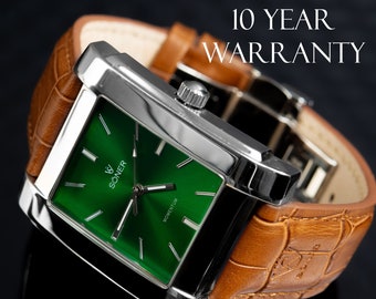 Rectangular Men's watch, Green Dial, Polished Steel Case, Stylish and Masculine Watch for Men - Unique Men's Watch - Personalise your watch