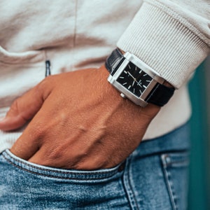 Rectangular Men's watch, Black Dial, Brushed Steel Case, Stylish and Masculine Watch for Men Unique Men's Watch Personalise your watch image 1