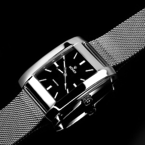 Men's Rectangular / Square Art Deco Retro Analog Dress Watch | Gifts for him - black dial polished steel