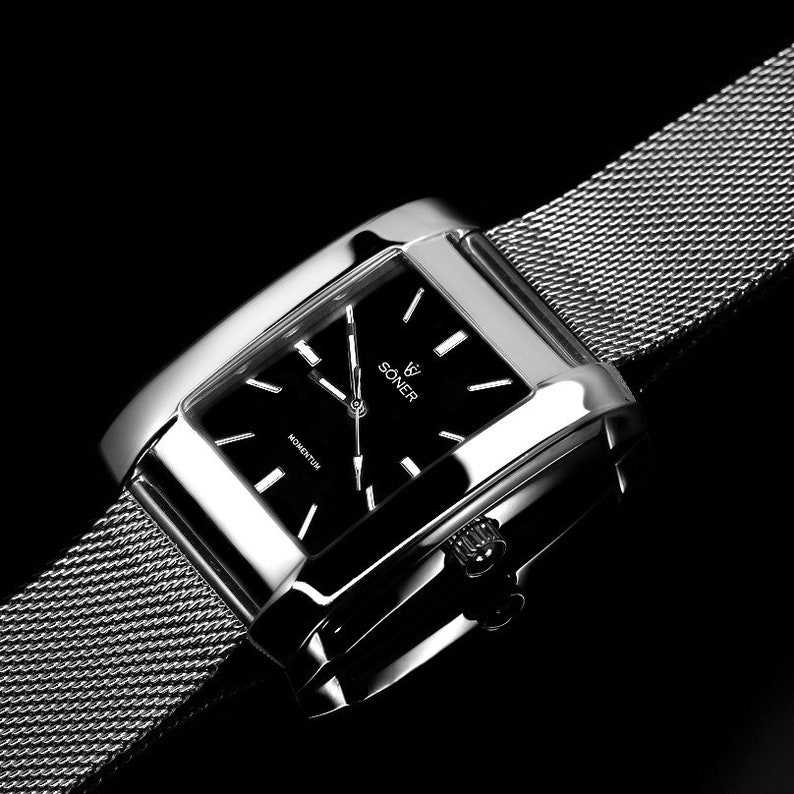 Men's Rectangular / Square Art Deco Retro Analog Dress Watch | Gifts for him - black dial polished steel