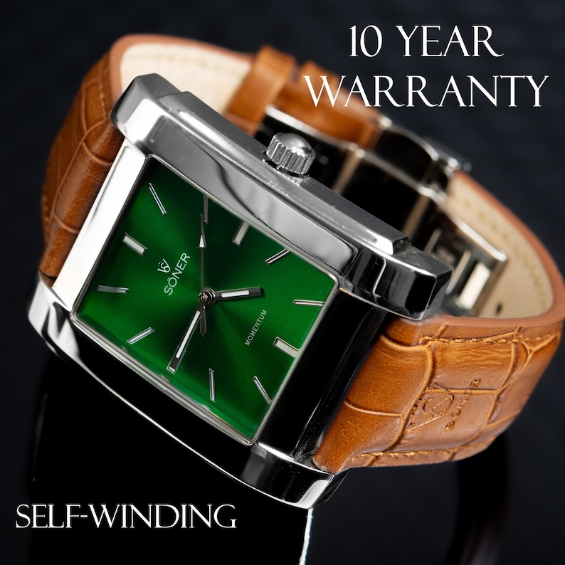 Rectangular Men's watch, Green Dial, Polished Steel Case, Stylish and Masculine Watch for Men Unique Men's Watch Personalise your watch image 1