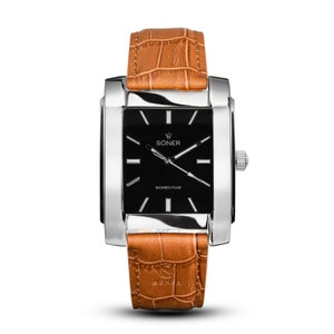 Men's Rectangular / Square Art Deco Retro Analog Dress Watch | Gifts for him - black dial polished steel