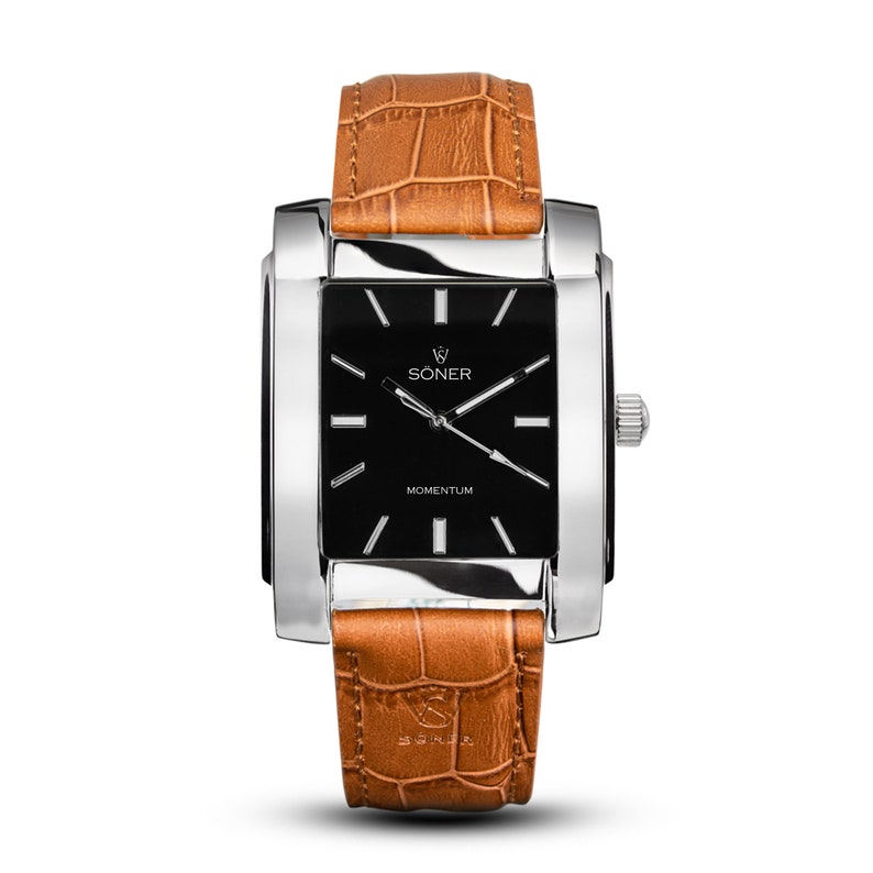 Men's Rectangular / Square Art Deco Retro Analog Dress Watch | Gifts for him - black dial polished steel