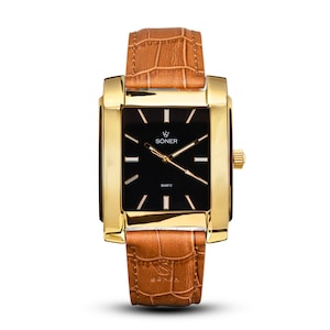 Men's Rectangular / Square Art Deco Retro Analog Dress Watch | Gifts for him - black dial gold case