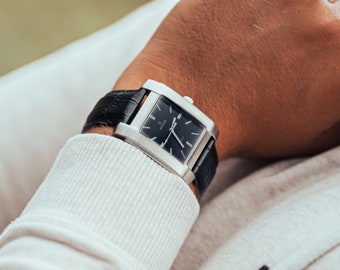 Rectangular Men's watch, Black Dial, Brushed Steel Case, Stylish and Masculine Watch for Men - Unique Men's Watch - Personalise your watch