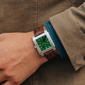 Rectangular Men's watch, Green Dial, Brushed Steel Case, Stylish and Masculine Watch for Men Unique Men's Watch Personalise your watch image 4