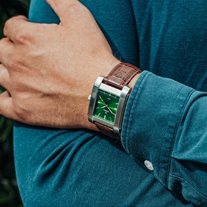 Rectangular Men's watch, Green Dial, Brushed Steel Case, Stylish and Masculine Watch for Men Unique Men's Watch Personalise your watch image 1