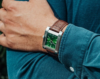 Rectangular Men's watch, Green Dial, Brushed Steel Case, Stylish and Masculine Watch for Men - Unique Men's Watch - Personalise your watch