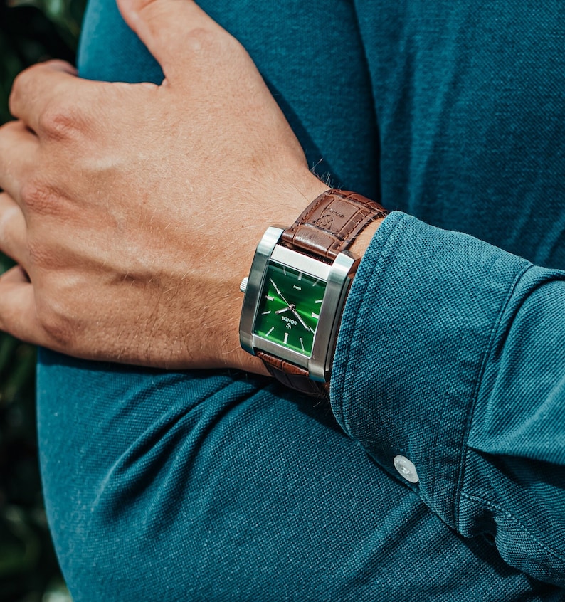 Rectangular Men's watch, Green Dial, Brushed Steel Case, Stylish and Masculine Watch for Men Unique Men's Watch Personalise your watch image 3