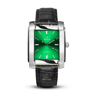 Momentum Rockefeller - Mens watch | Square watch | Automatic watch | Retro watch | Dress Watch | Gifts for him - green dial polished steel