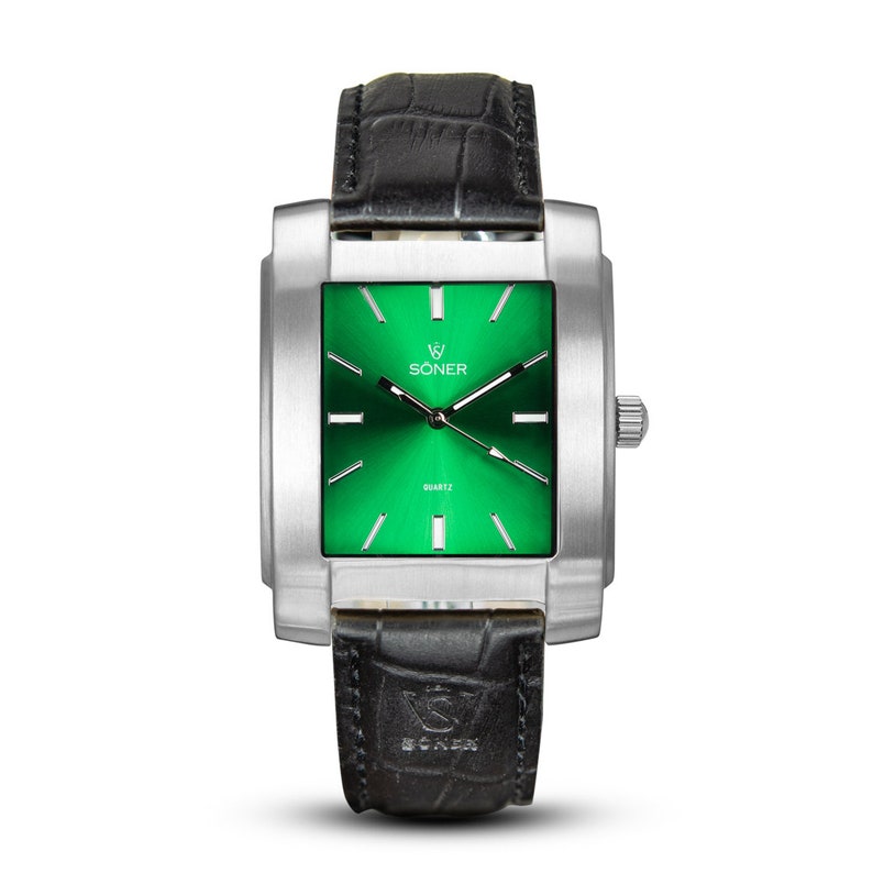 Legacy Anstey - Men's watch | Square watch | Quartz watch | Retro watch | Dress Watch | Gifts for him - brushed steel with green dial