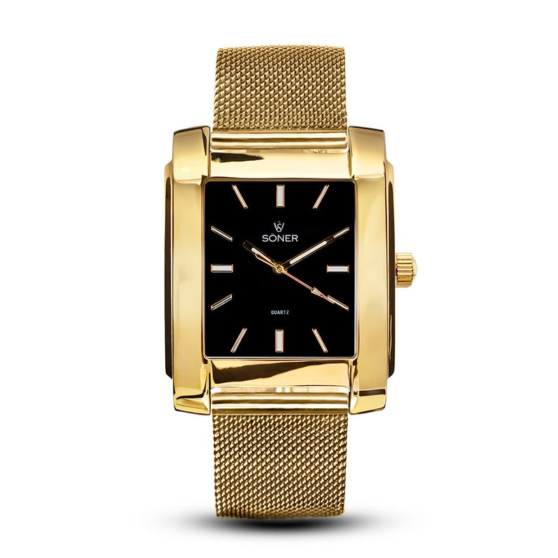 Men's Rectangular / Square Art Deco Retro Analog Dress Watch | Gifts for him - black dial gold case