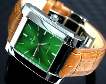 Reloj Hombre Cuadrado en Acero Inoxidable con Esfera Verde - Reloj Tank Cuarzo Retro Vestir, relojes para hombre, reloj para hombre - Personaliza tu reloj