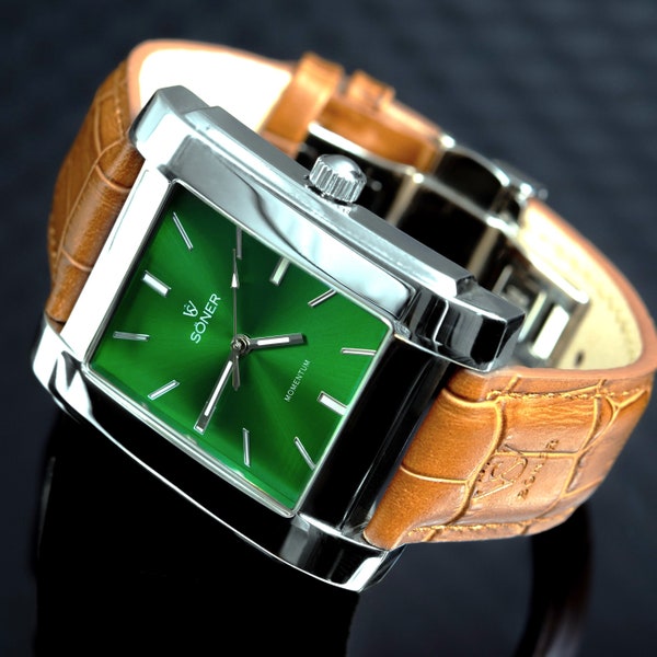 Man Square Watch in Stainless Steel with Green Dial - Tank Quartz Retro Dress Watch, watches for men, mens watch - Personalise your watch