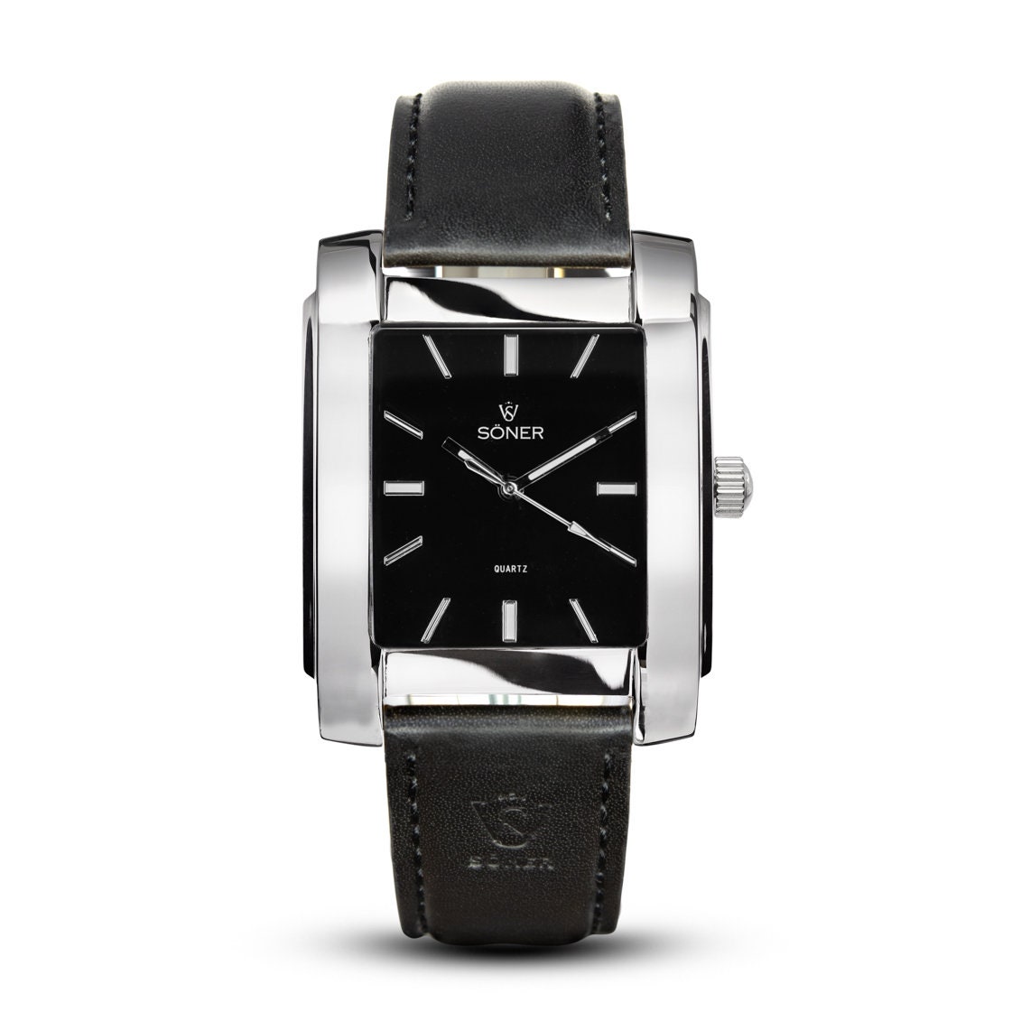 Rectangular Men's Watch, Black Dial, Polished Steel Case Rectangular Men's Watch, Black Dial, Polished Steel Case