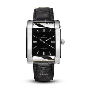 Men's Rectangular / Square Art Deco Retro Analog Dress Watch | Gifts for him - black dial polished steel