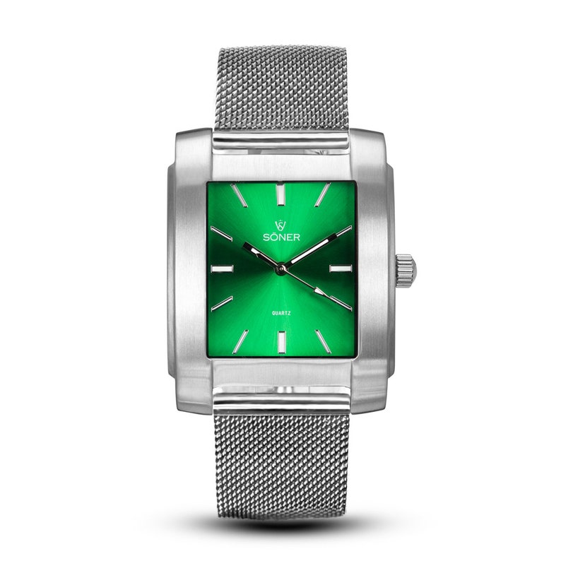 Legacy Anstey - Men's watch | Square watch | Quartz watch | Retro watch | Dress Watch | Gifts for him - brushed steel with green dial