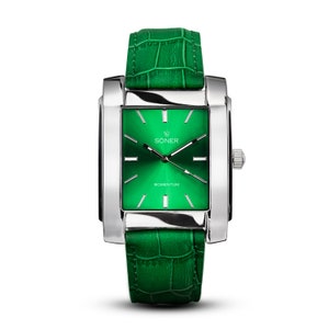 Momentum Rockefeller - Mens watch | Square watch | Automatic watch | Retro watch | Dress Watch | Gifts for him - green dial polished steel