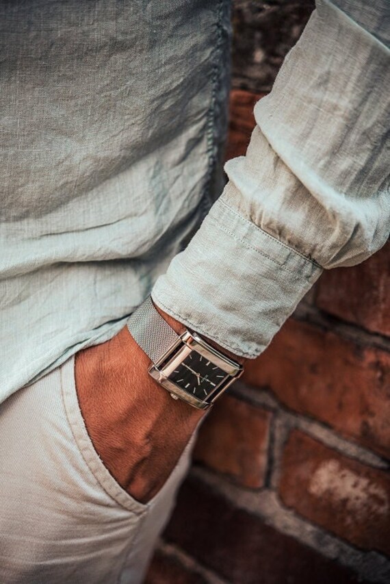 Reloj rectangular para hombre esfera negra caja de acero pulido reloj elegante y masculino para hombre Reloj unico para hombre Etsy Espana