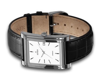 Watche for men | Man Square Automatic Watch in Stainless Steel with White Dial - Retro Dress Watch, tank watch, Automatic mens watch