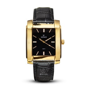 Men's Rectangular / Square Art Deco Retro Analog Dress Watch | Gifts for him - black dial gold case