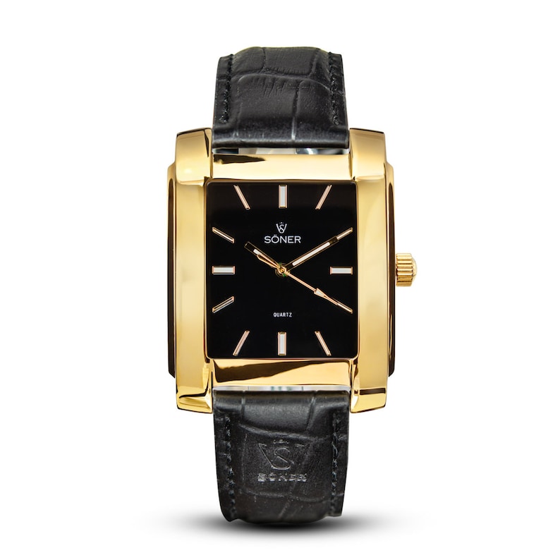 Men's Rectangular / Square Art Deco Retro Analog Dress Watch | Gifts for him - black dial gold case