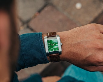 Rectangular Men's watch, Green Dial, Brushed Steel Case, Stylish and Masculine Watch for Men - Unique Men's Watch - Personalise your watch