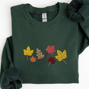 Fall Leaves Sweatshirt, Embroidered Autumn Crewneck Sweatshirt, Embroidered Leaves Shirt, Custom Fall Sweatshirt, Thanksgiving Sweater