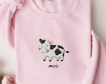 Kuh besticktes Sweatshirt, Kuh Pullover bestickt, Kuh Rundhals Sweatshirt, Moo Pullover, süßes Kuh-Shirt, individuell besticktes Sweatshirt