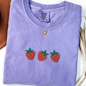 Comfort Colors Strawberry T-Shirt, Embroidered Strawberries Shirt, Silly Embroidered Shirt, Cute Fruit T-Shirt, Custom Embroidered Shirt