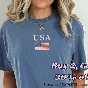 Camiseta con bandera de EE. UU. en colores cómodos, camiseta con bandera de EE. UU. bordada, camiseta de Estados Unidos, camiseta bordada personalizada del 4 de julio