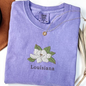 Comfort Colors Louisiana T-Shirt, Embroidered Louisiana State Flower Shirt, Custom Magnolia Flower Shirt, Embroidered Louisiana T-Shirt