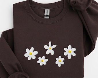 Felpa girocollo con margherite ricamate, maglione floreale vintage