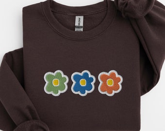 Embroidered Retro Flower Crewneck Sweatshirt