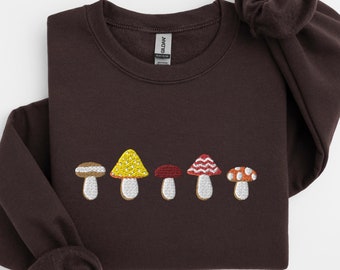 Sweatshirt met ronde hals en geborduurde paddenstoelen, herfsttrui