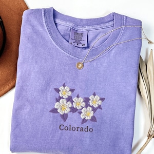 Comfort Colors Colorado T-Shirt, Embroidered Colorado State Flower Shirt, Blue Columbine Flower Shirt, Embroidered Colorado T-Shirt
