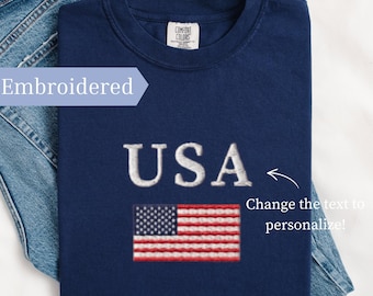 Embroidered USA Flag T-Shirt, Comfort Colors Fourth of July Patriotic Shirt