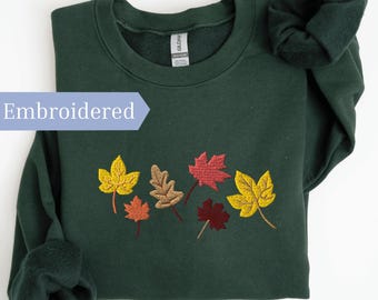 Geborduurd sweatshirt met herfstbladeren, aangepaste herfsttrui met ronde hals