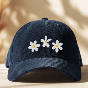 Gorra de béisbol de pana con margaritas, gorra de papá con flores bordadas