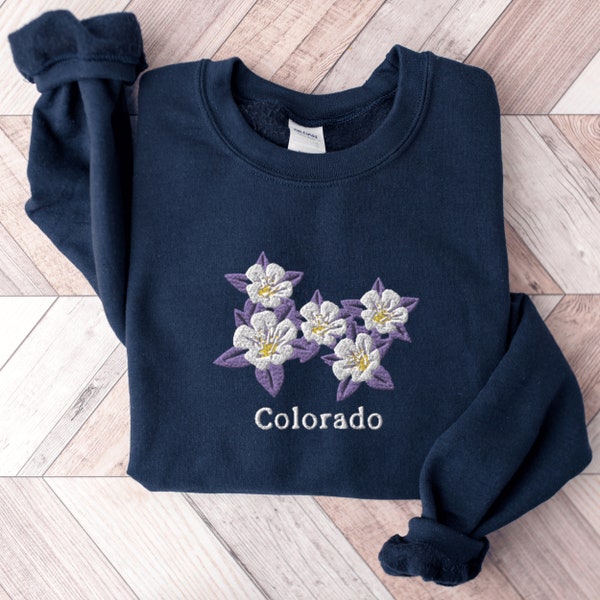 Colorado State Flower Sweatshirt, Embroidered Colorado Crewneck Sweatshirt, Blue Columbine Flower Shirt, Embroidered Colorado Sweater