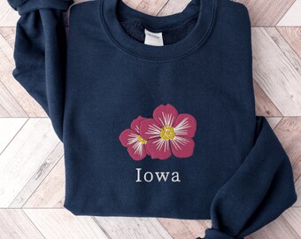Embroidered Iowa Sweatshirt, Wild Prairie Rose Crewneck Sweater
